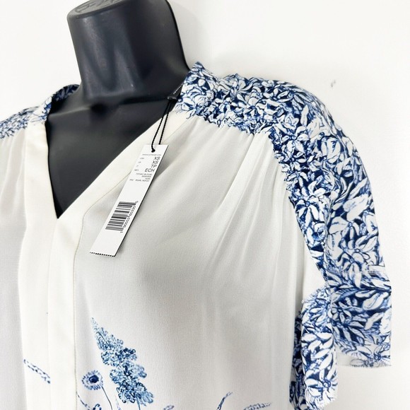 Elie Tahari Tiffany Silk Floral-Print Pearl Indigo V-Neck Short-Sleeve Blouse - Picture 6 of 15